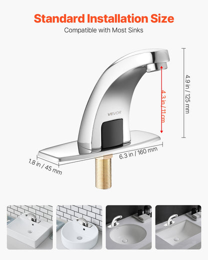Touchless Bathroom Sink Faucet, Automatic Motion Sensor Restroom Toilet Faucet Cold Water with Hole Cover Plate, Battery Operated for 9/16 in Pipe Commercial Lavatory,Chrome Plated Silver,G233M