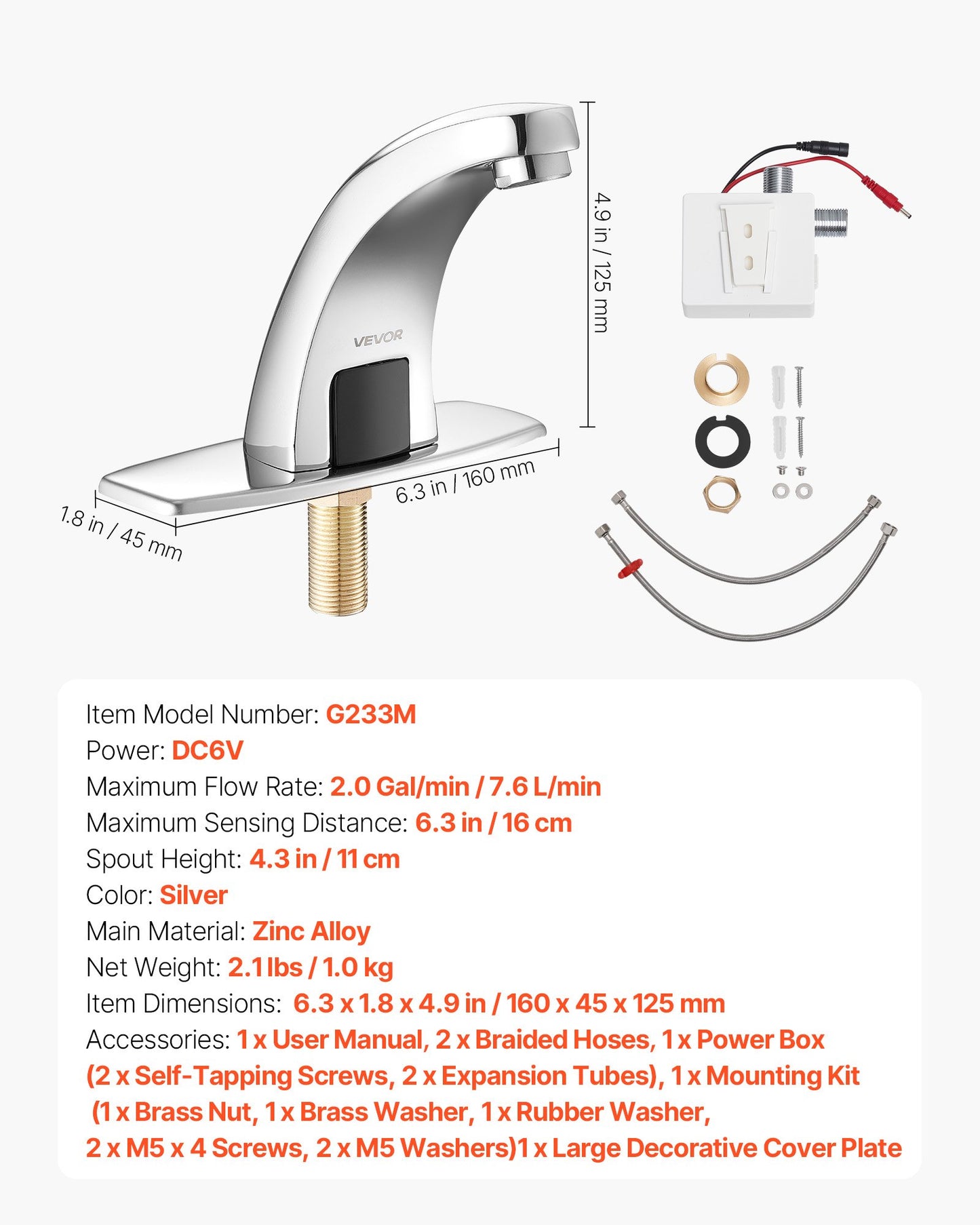Touchless Bathroom Sink Faucet, Automatic Motion Sensor Restroom Toilet Faucet Cold Water with Hole Cover Plate, Battery Operated for 9/16 in Pipe Commercial Lavatory,Chrome Plated Silver,G233M