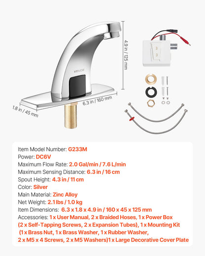 Touchless Bathroom Sink Faucet, Automatic Motion Sensor Restroom Toilet Faucet Cold Water with Hole Cover Plate, Battery Operated for 9/16 in Pipe Commercial Lavatory,Chrome Plated Silver,G233M