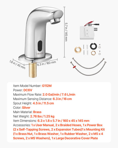 Touchless Bathroom Sink Faucet, Automatic Motion Sensor Restroom Toilet Faucet Cold Water with Hole Cover Plate, Battery Operated for 9/16 in Pipe Commercial Lavatory,Chrome Plated Silver G112M