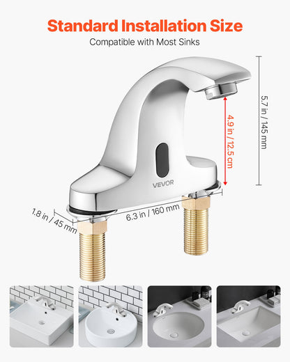 Touchless Bathroom Sink Faucet, Automatic Motion Sensor Restroom Toilet Faucet Cold Water with Hole Cover Plate, Battery Operated for 9/16 in Pipe Commercial Lavatory,Chrome Plated Silver