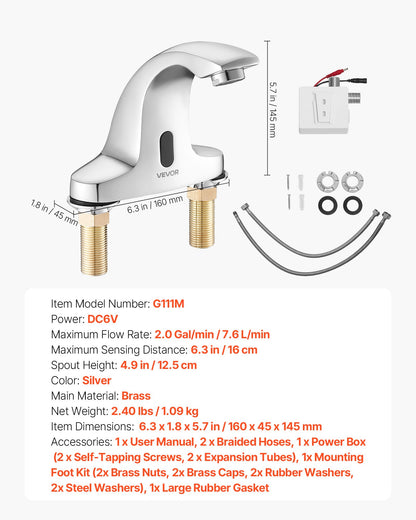Touchless Bathroom Sink Faucet, Automatic Motion Sensor Restroom Toilet Faucet Cold Water with Hole Cover Plate, Battery Operated for 9/16 in Pipe Commercial Lavatory,Chrome Plated Silver