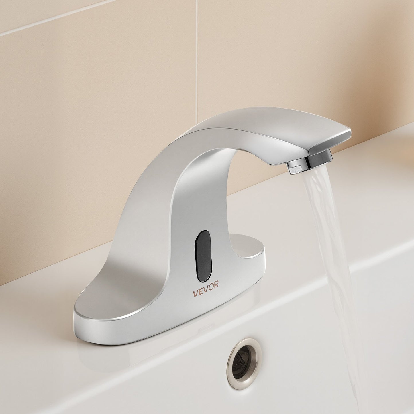 Touchless Bathroom Sink Faucet, Automatic Motion Sensor Restroom Toilet Faucet Cold Water with Hole Cover Plate, Battery Operated for 9/16 in Pipe Commercial Lavatory,Chrome Plated Silver