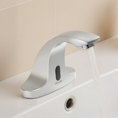 Touchless Bathroom Sink Faucet, Automatic Motion Sensor Restroom Toilet Faucet Cold Water with Hole Cover Plate, Battery Operated for 9/16 in Pipe Commercial Lavatory,Chrome Plated Silver