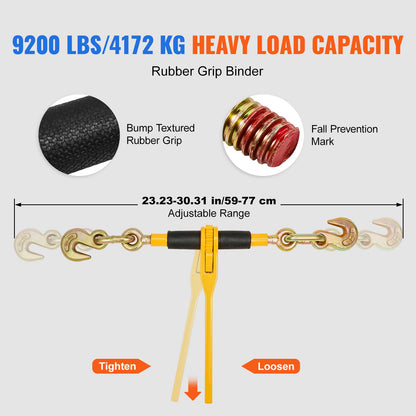 Chain and Binder Kit, 3/8"-1/2" Ratchet Load Binders 9200 lbs Working Load Limit, 3/8" x 10' G80 Chains with Grab Hooks, Ratchet Binders and Chains for Truck, Tie Down, Hauling, Towing, 2 Set