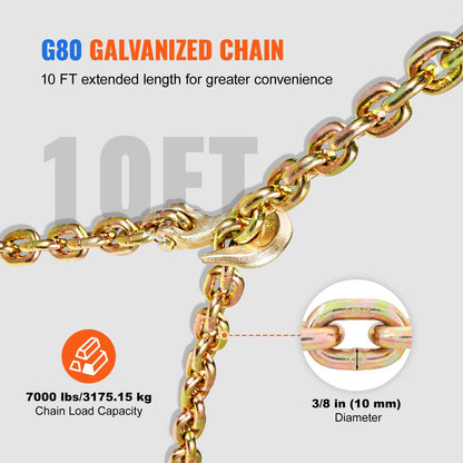 Chain and Binder Kit, 3/8"-1/2" Ratchet Load Binders 9200 lbs Working Load Limit, 3/8" x 10' G80 Chains with Grab Hooks, Ratchet Binders and Chains for Truck, Tie Down, Hauling, Towing, 2 Set