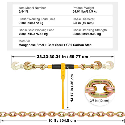 Chain and Binder Kit, 3/8"-1/2" Ratchet Load Binders 9200 lbs Working Load Limit, 3/8" x 10' G80 Chains with Grab Hooks, Ratchet Binders and Chains for Truck, Tie Down, Hauling, Towing, 2 Set