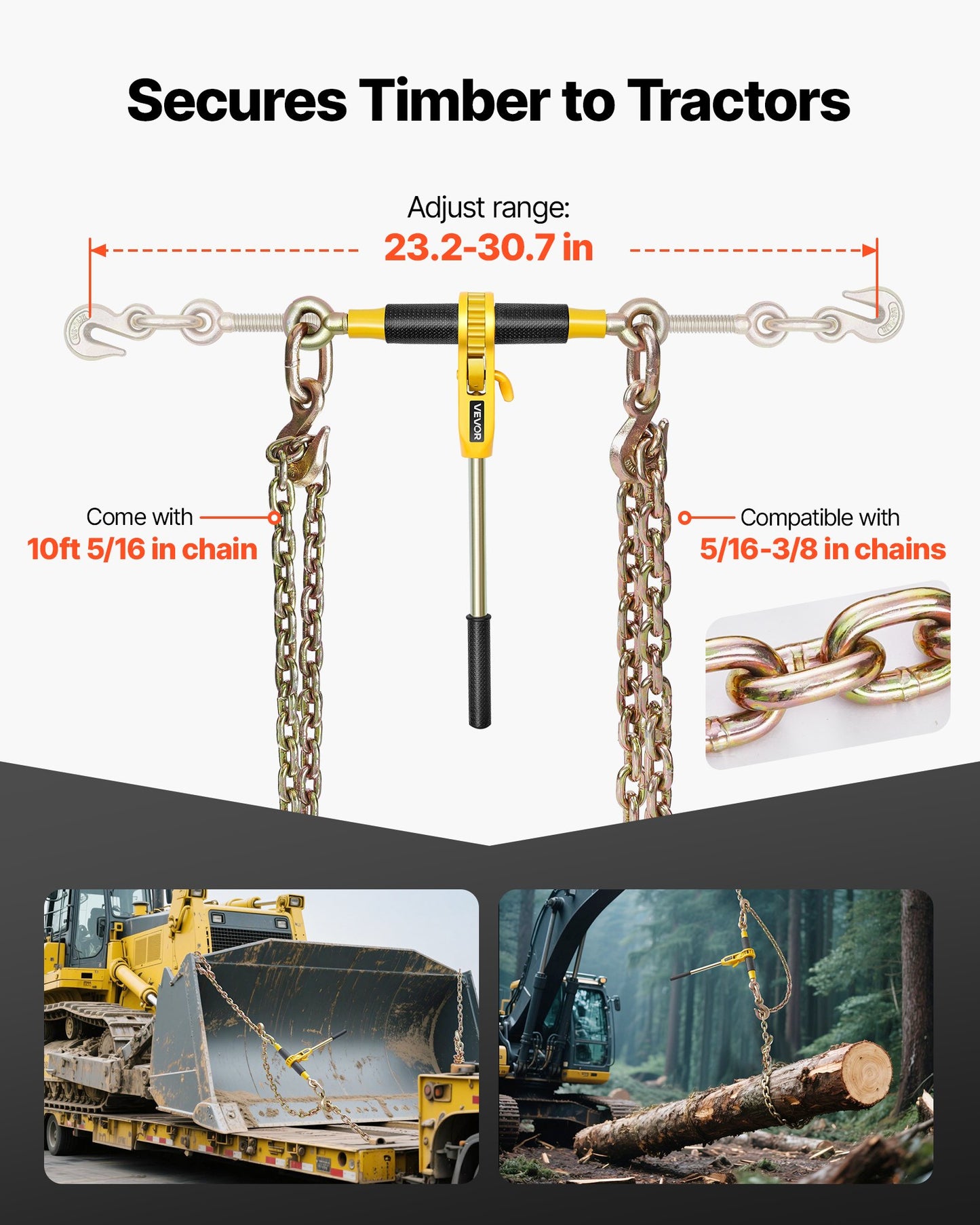 Ratchet Chain Binder, 5/16 in x 10 ft G80 Chains, 8000 lbs Working Load of Ratchet Load Binder, Chains and Binders Set, Tie Down Hauling Chain Binders for Hauling, Towing, Logging, Lifting