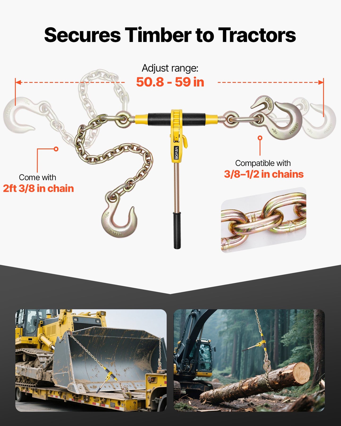 Ratchet Chain Binder, 9200 lbs Working Load, Chain Binders Compatible with 3/8 in - 1/2 in Chains, Heavy Duty Ratchet Load Binder with Handles for Truck, Tie Down, Hauling, Towing, Logging