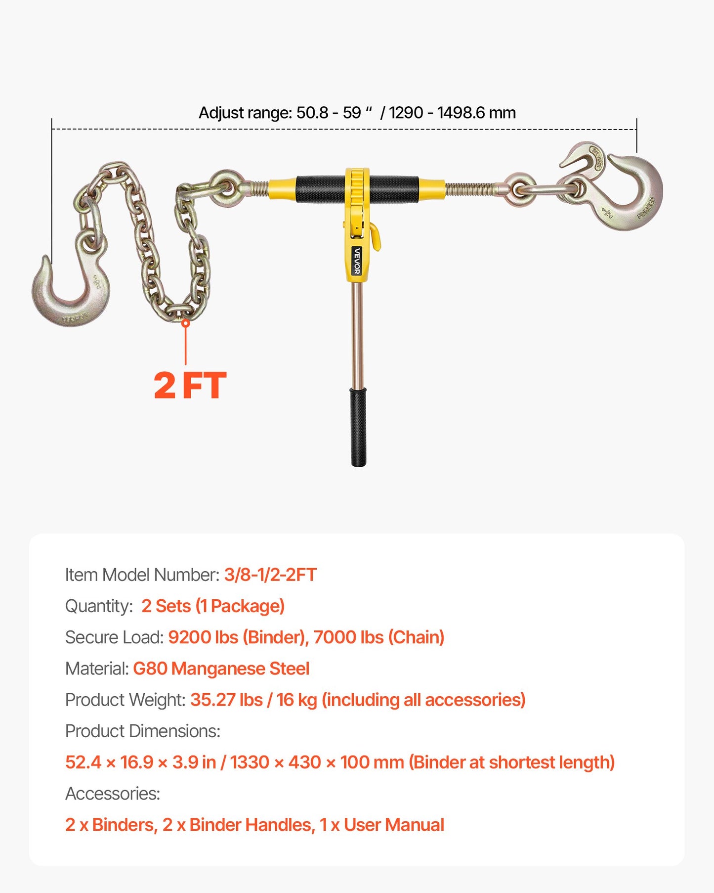 Ratchet Chain Binder, 9200 lbs Working Load, Chain Binders Compatible with 3/8 in - 1/2 in Chains, Heavy Duty Ratchet Load Binder with Handles for Truck, Tie Down, Hauling, Towing, Logging