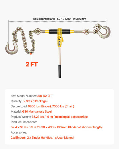 Ratchet Chain Binder, 9200 lbs Working Load, Chain Binders Compatible with 3/8 in - 1/2 in Chains, Heavy Duty Ratchet Load Binder with Handles for Truck, Tie Down, Hauling, Towing, Logging