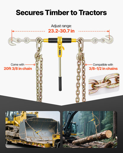 Ratchet Chain Binder, 3/8 in x 20 ft G80 Chains, 9200 lbs Working Load of Ratchet Load Binder, Chains and Binders Set, Tie Down Hauling Chain Binders for Hauling, Towing, Logging, Lifting