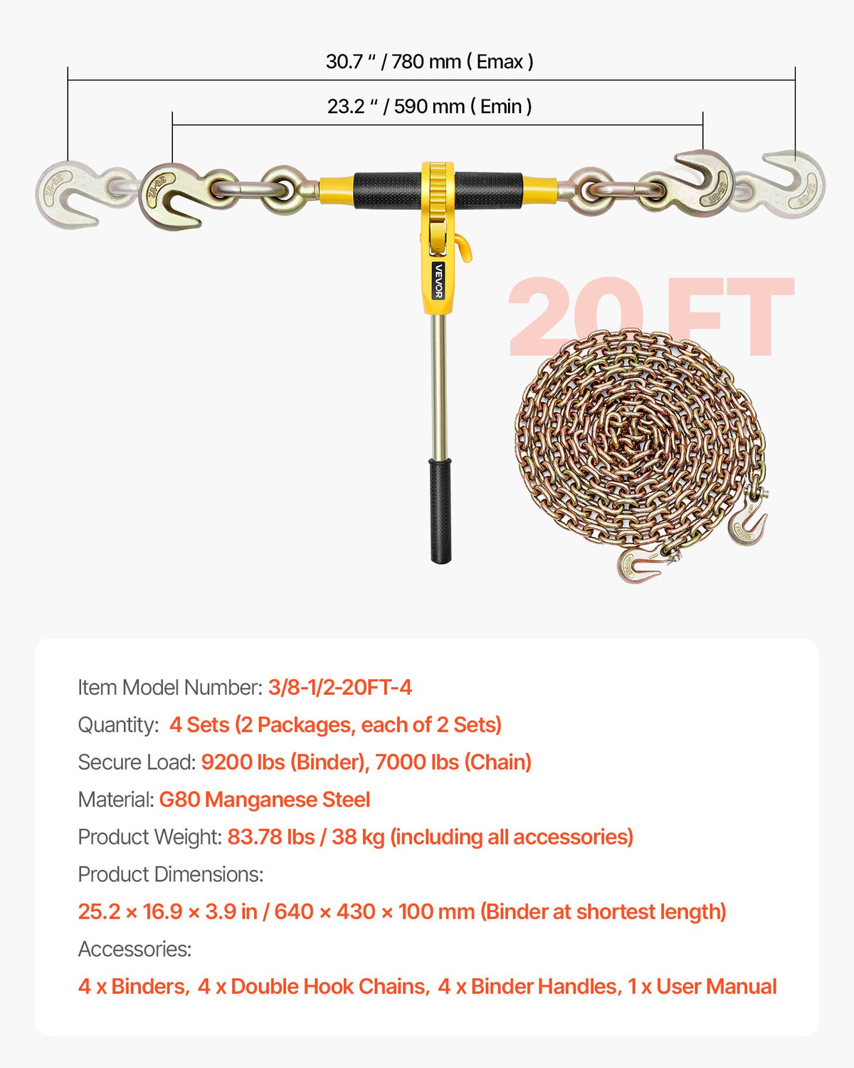 Ratchet Chain Binder, 3/8 in x 20 ft G80 Chains, 9200 lbs Working Load of Ratchet Load Binder, Chains and Binders Set, Tie Down Hauling Chain Binders for Hauling, Towing, Logging, Lifting