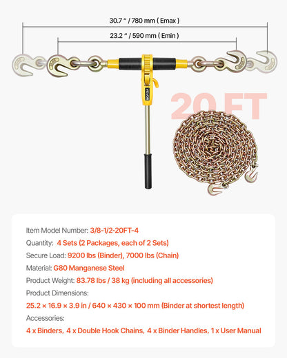 Ratchet Chain Binder, 3/8 in x 20 ft G80 Chains, 9200 lbs Working Load of Ratchet Load Binder, Chains and Binders Set, Tie Down Hauling Chain Binders for Hauling, Towing, Logging, Lifting