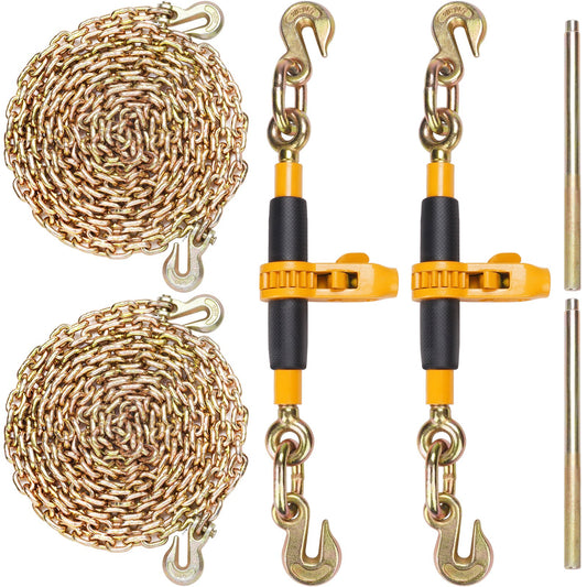 Ratchet Chain Binder 2PCS, 3/8"-1/2" Heavy Duty Load Binders, med G80-kedjor 12000 lbs Säker belastningsgräns, arbetsbesparande antisladdhandtag, bindning av dragkedjebindare för lastbilssläp med flak