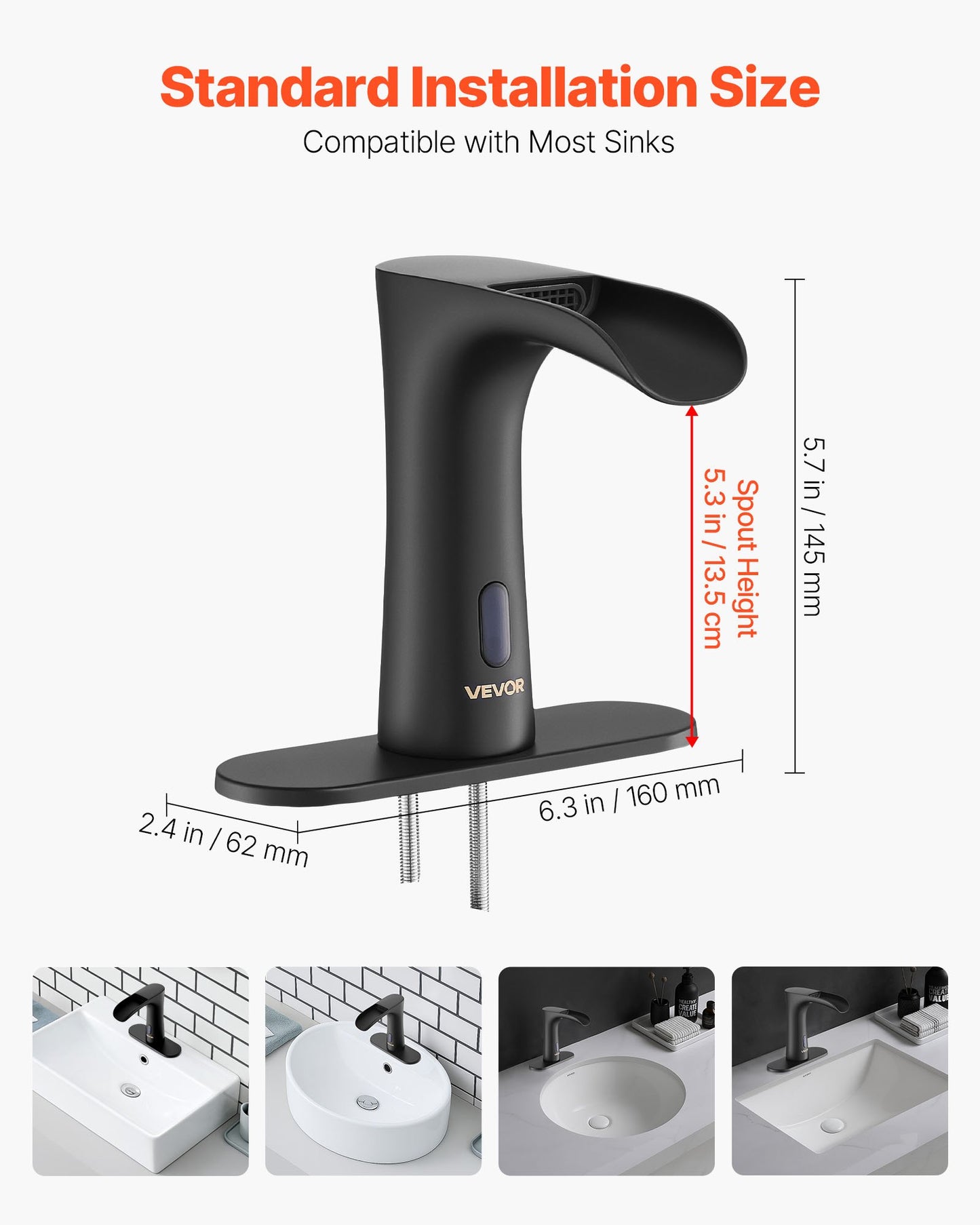 Touchless Bathroom Sink Faucet, Automatic Motion Sensor Waterfall Restroom Toilet Faucet with Hole Cover Plate, Modern Electronic Sensor Hot/Cold Water for 9/16 in Pipe Commercial,Matte Black