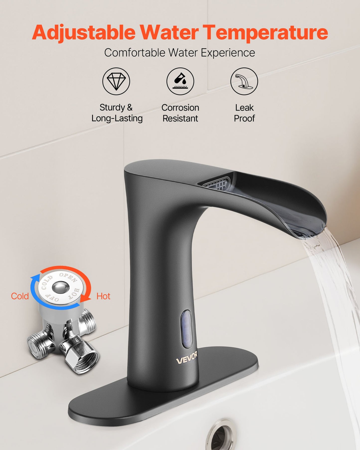 Touchless Bathroom Sink Faucet, Automatic Motion Sensor Waterfall Restroom Toilet Faucet with Hole Cover Plate, Modern Electronic Sensor Hot/Cold Water for 9/16 in Pipe Commercial,Matte Black
