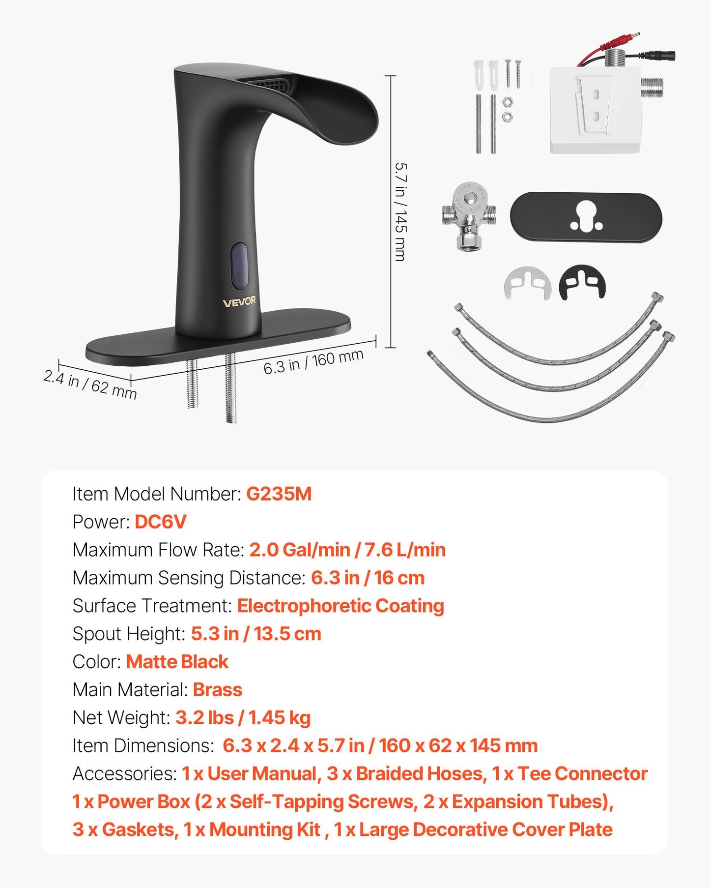 Touchless Bathroom Sink Faucet, Automatic Motion Sensor Waterfall Restroom Toilet Faucet with Hole Cover Plate, Modern Electronic Sensor Hot/Cold Water for 9/16 in Pipe Commercial,Matte Black