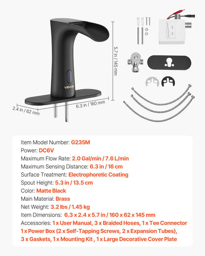 Touchless Bathroom Sink Faucet, Automatic Motion Sensor Waterfall Restroom Toilet Faucet with Hole Cover Plate, Modern Electronic Sensor Hot/Cold Water for 9/16 in Pipe Commercial,Matte Black