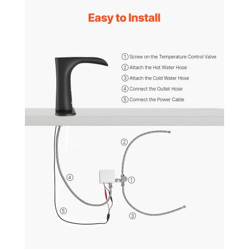 Beröringsfri badrumsblandare, automatisk rörelsesensor vattenfall toalettblandare med hål täckplatta, modern elektronisk sensor varm/kallt vatten för 9,5 mm rör kommersiell, mattsvart |  EU