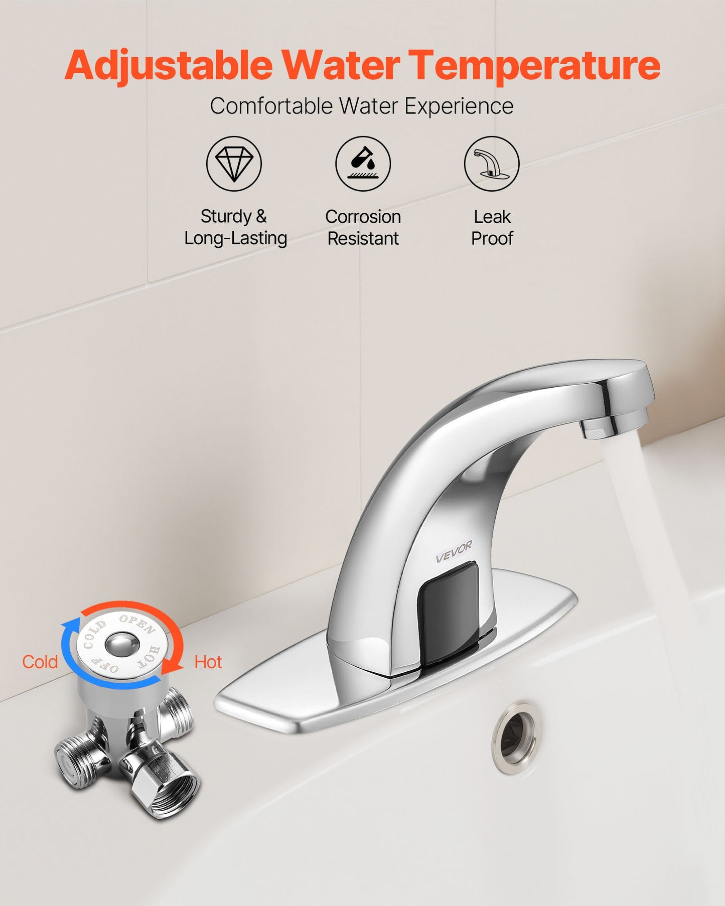 Touchless Bathroom Sink Faucet, Automatic Motion Sensor Restroom Toilet Faucet with Hole Cover Plate, Battery Operated,Hot/Cold Water for 9/16 in Pipe Commercial Lavatory,Chrome Plated Silver