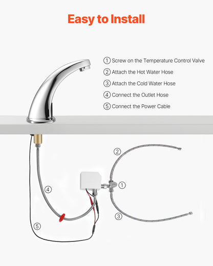 Touchless Bathroom Sink Faucet, Automatic Motion Sensor Restroom Toilet Faucet with Hole Cover Plate, Battery Operated,Hot/Cold Water for 9/16 in Pipe Commercial Lavatory,Chrome Plated Silver