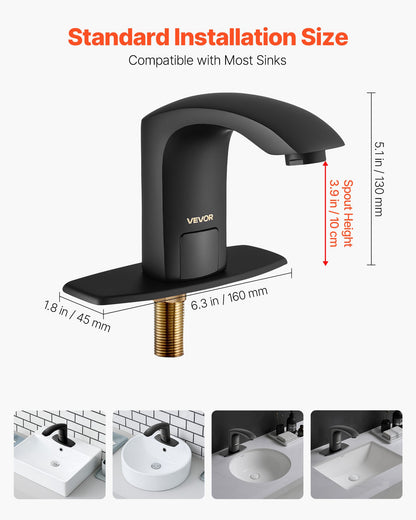 Touchless Bathroom Sink Faucet, Automatic Motion Sensor Restroom Toilet Faucet with Hole Cover Plate, Battery Operated,Adjustable Temperature for 9/16 in Pipe Commercial Lavatory,Matte Black