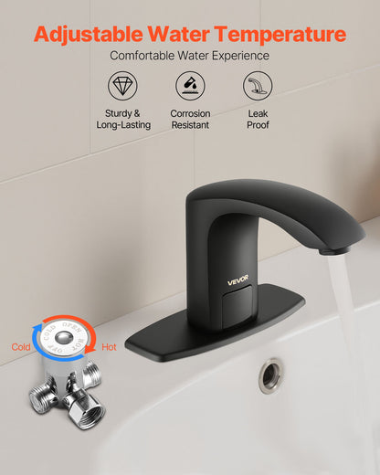 Touchless Bathroom Sink Faucet, Automatic Motion Sensor Restroom Toilet Faucet with Hole Cover Plate, Battery Operated,Adjustable Temperature for 9/16 in Pipe Commercial Lavatory,Matte Black