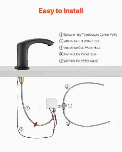 Touchless Bathroom Sink Faucet, Automatic Motion Sensor Restroom Toilet Faucet with Hole Cover Plate, Battery Operated,Adjustable Temperature for 9/16 in Pipe Commercial Lavatory,Matte Black