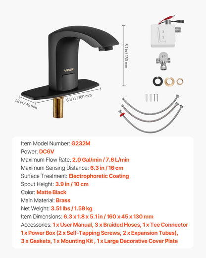 Touchless Bathroom Sink Faucet, Automatic Motion Sensor Restroom Toilet Faucet with Hole Cover Plate, Battery Operated,Adjustable Temperature for 9/16 in Pipe Commercial Lavatory,Matte Black