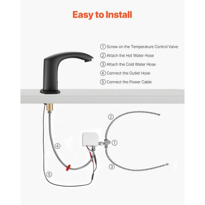 Beröringsfri badrumsblandare, automatisk rörelsesensor toalettblandare med hålplatta, batteridriven, justerbar temperatur för 9,5 mm rör kommersiell toalett, mattsvart |  EU