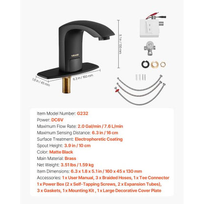 Beröringsfri badrumsblandare, automatisk rörelsesensor toalettblandare med hålplatta, batteridriven, justerbar temperatur för 9,5 mm rör kommersiell toalett, mattsvart |  EU