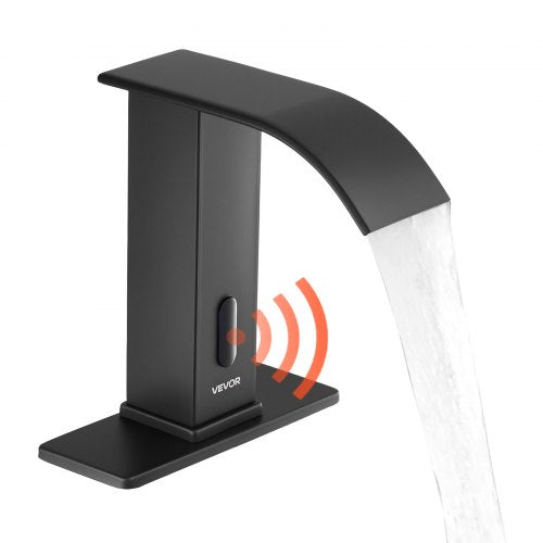 Touchless Bathroom Sink Faucet, Automatic Motion Sensor Waterfall Restroom Toilet Faucet with Hole Cover Plate, Battery Operated,Hot/Cold Water for 9/16 in Pipe Commercial Lavatory,Matte Black