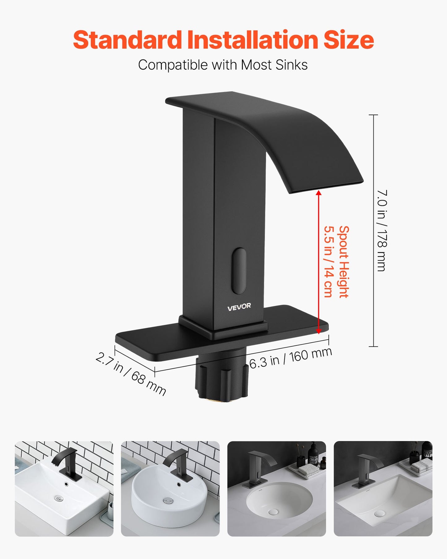Touchless Bathroom Sink Faucet, Automatic Motion Sensor Waterfall Restroom Toilet Faucet with Hole Cover Plate, Battery Operated,Hot/Cold Water for 9/16 in Pipe Commercial Lavatory,Matte Black