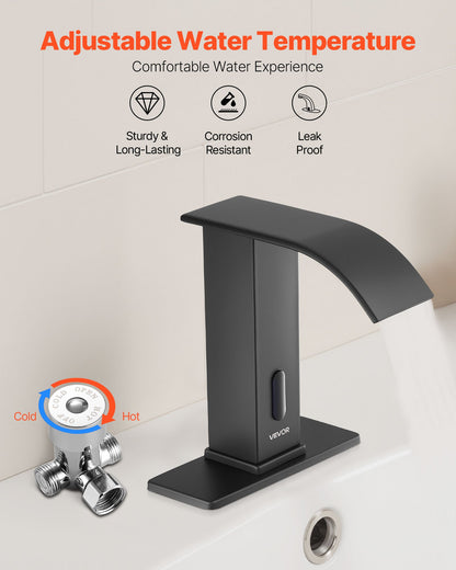 Touchless Bathroom Sink Faucet, Automatic Motion Sensor Waterfall Restroom Toilet Faucet with Hole Cover Plate, Battery Operated,Hot/Cold Water for 9/16 in Pipe Commercial Lavatory,Matte Black