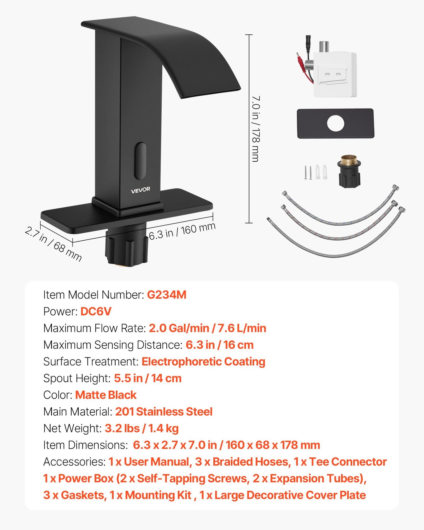 Touchless Bathroom Sink Faucet, Automatic Motion Sensor Waterfall Restroom Toilet Faucet with Hole Cover Plate, Battery Operated,Hot/Cold Water for 9/16 in Pipe Commercial Lavatory,Matte Black