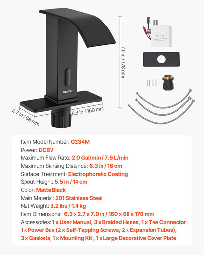 Touchless Bathroom Sink Faucet, Automatic Motion Sensor Waterfall Restroom Toilet Faucet with Hole Cover Plate, Battery Operated,Hot/Cold Water for 9/16 in Pipe Commercial Lavatory,Matte Black