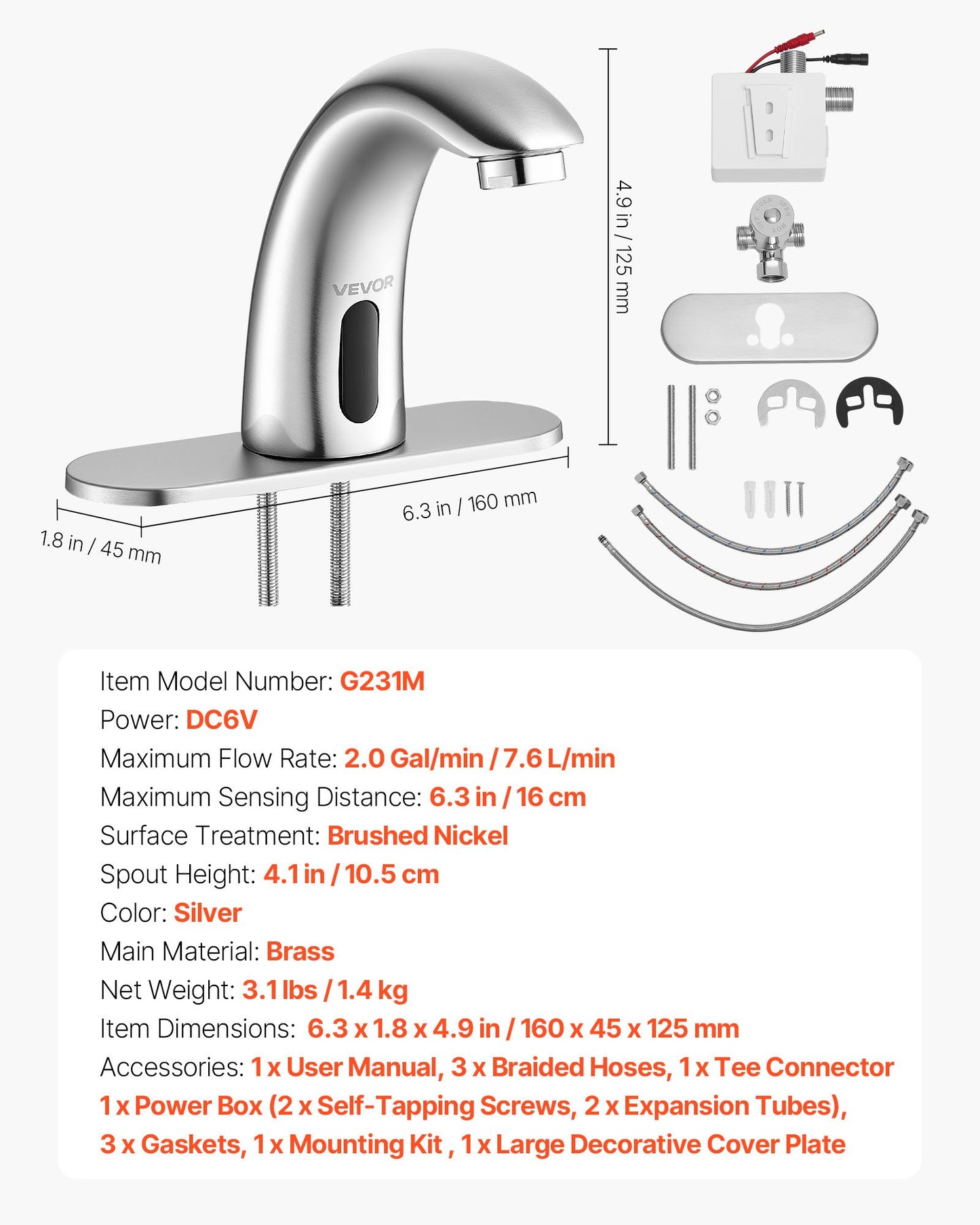 Touchless Bathroom Sink Faucet, Automatic Motion Sensor Restroom Toilet Faucet with Hole Cover Plate, Battery Operated,Adjustable Temp for 9/16 in Pipe Commercial Lavatory,Brushed Nickel Silver