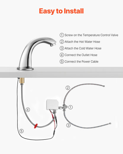Touchless Bathroom Sink Faucet, Automatic Motion Sensor Restroom Toilet Faucet with Hole Cover Plate, Battery Operated,Adjustable Temp for 9/16 in Pipe Commercial Lavatory,Chrome Plated Silver