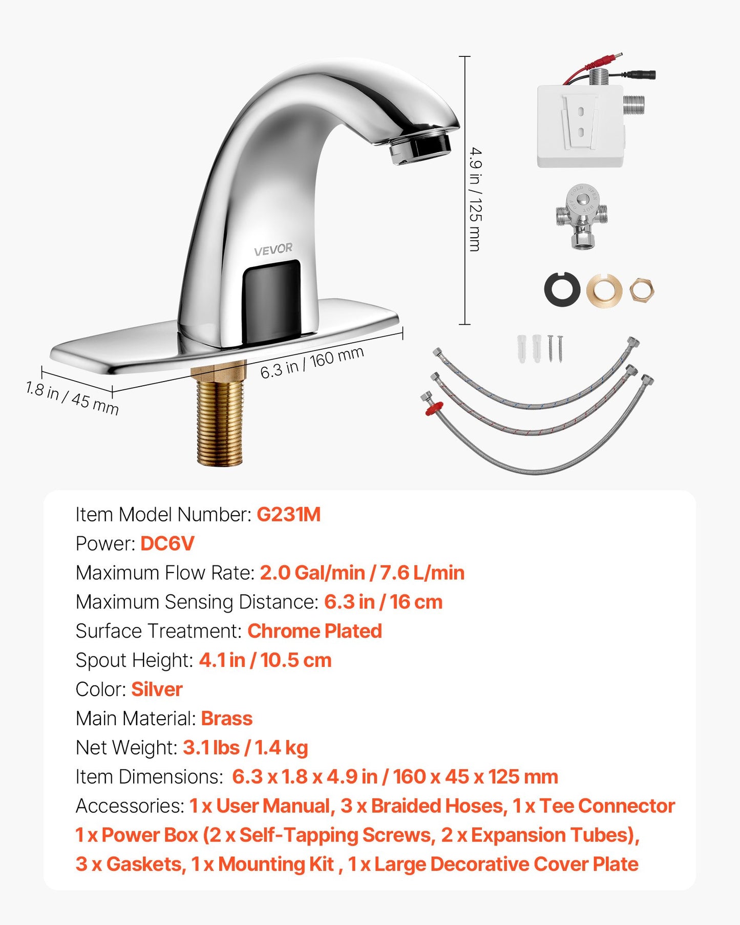 Touchless Bathroom Sink Faucet, Automatic Motion Sensor Restroom Toilet Faucet with Hole Cover Plate, Battery Operated,Adjustable Temp for 9/16 in Pipe Commercial Lavatory,Chrome Plated Silver