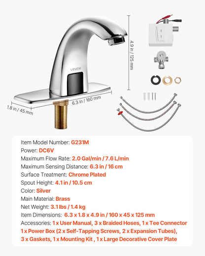 Touchless Bathroom Sink Faucet, Automatic Motion Sensor Restroom Toilet Faucet with Hole Cover Plate, Battery Operated,Adjustable Temp for 9/16 in Pipe Commercial Lavatory,Chrome Plated Silver