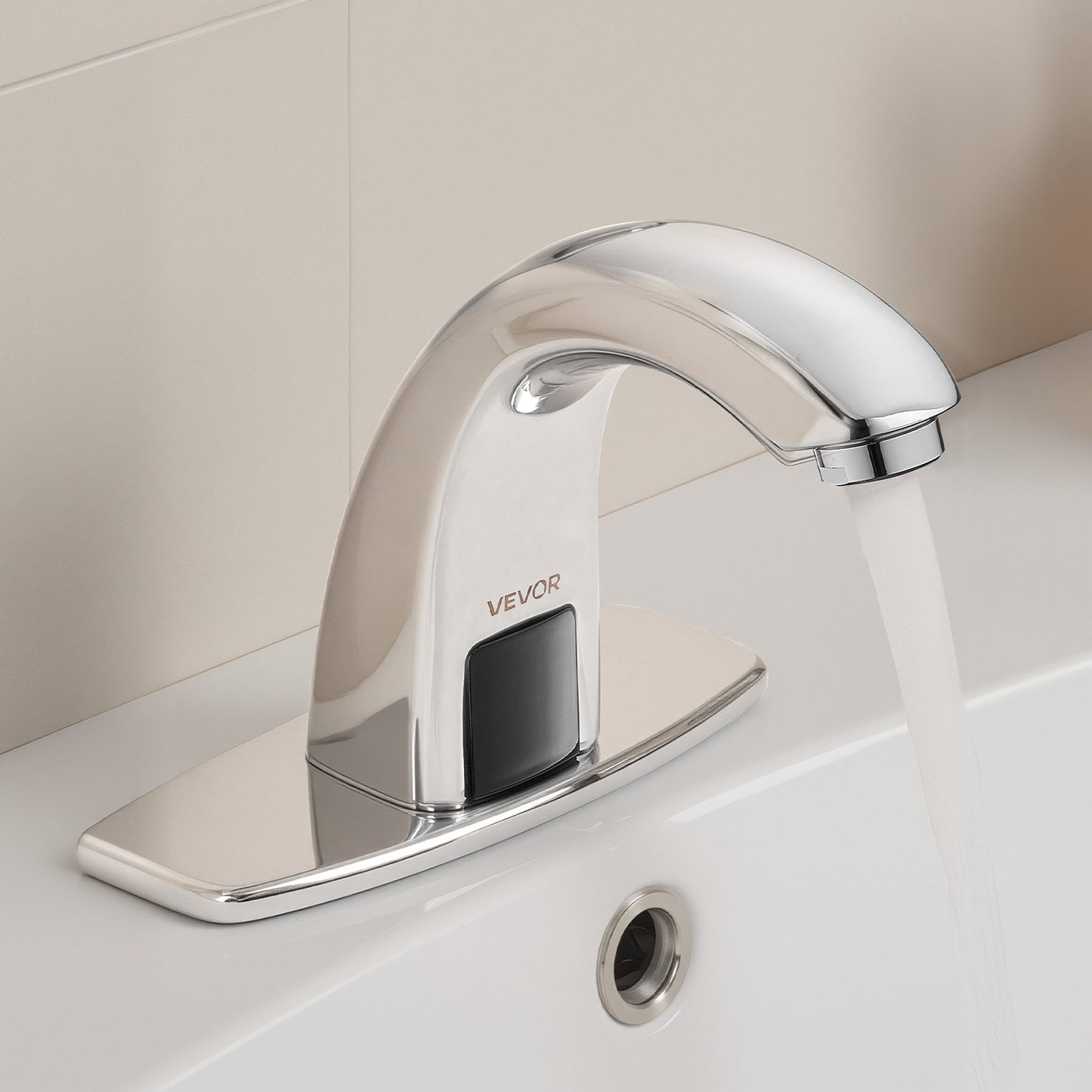 Touchless Bathroom Sink Faucet, Automatic Motion Sensor Restroom Toilet Faucet with Hole Cover Plate, Battery Operated,Adjustable Temp for 9/16 in Pipe Commercial Lavatory,Chrome Plated Silver