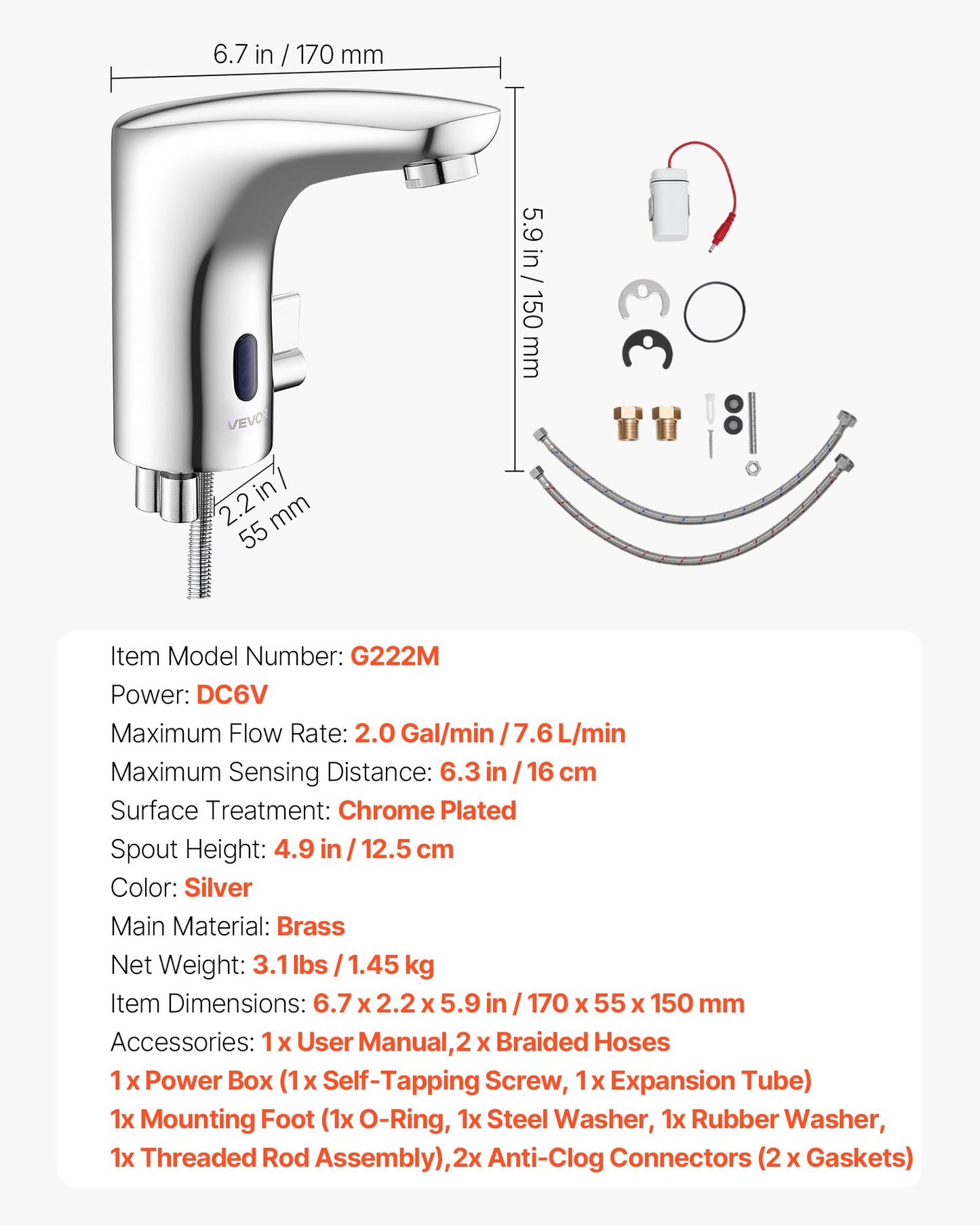 Touchless Bathroom Sink Faucet, Automatic Motion Sensor Restroom Toilet Faucet, HandsFree Adjustable Cold Hot Single Handle Water Mixer Battery Operated for 9/16 in Pipe,Chrome Plated Silver