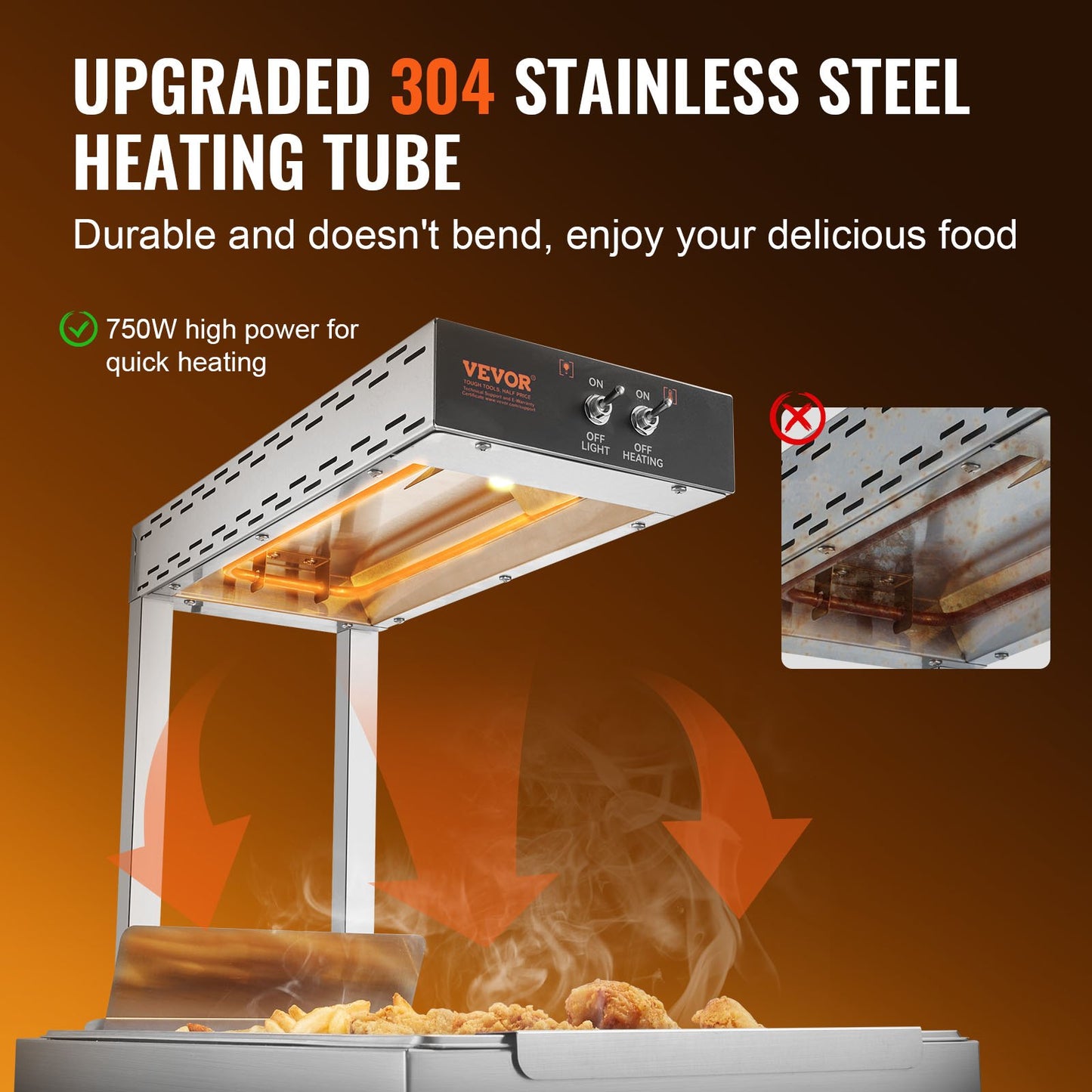 French Fry Food Warmer, 750W Commercial Food Heating Lamp, Electric Stainless Steel Warming Light Dump Station, Countertop 104-122°F Fries Food Warmer for Chip Buffet Kitchen Restaurant, Silver