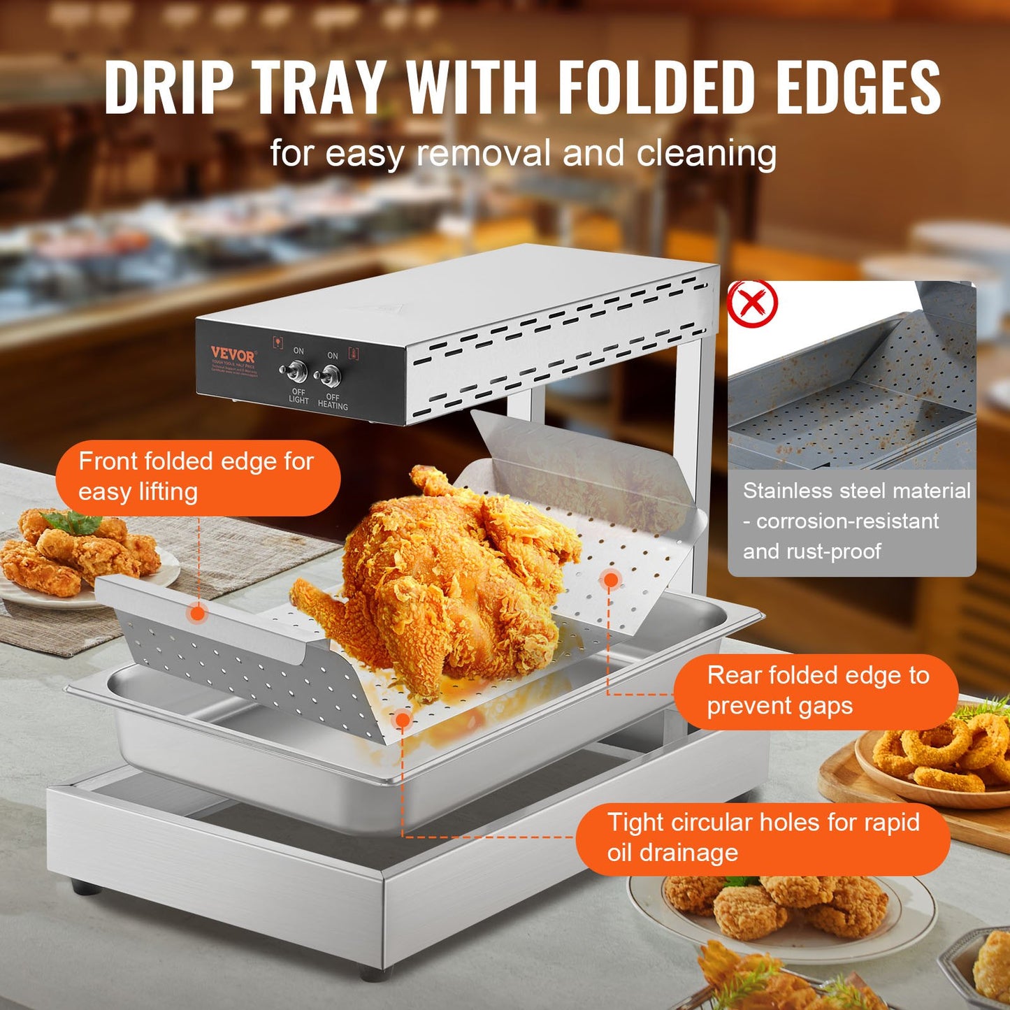 French Fry Food Warmer, 750W Commercial Food Heating Lamp, Electric Stainless Steel Warming Light Dump Station, Countertop 104-122°F Fries Food Warmer for Chip Buffet Kitchen Restaurant, Silver