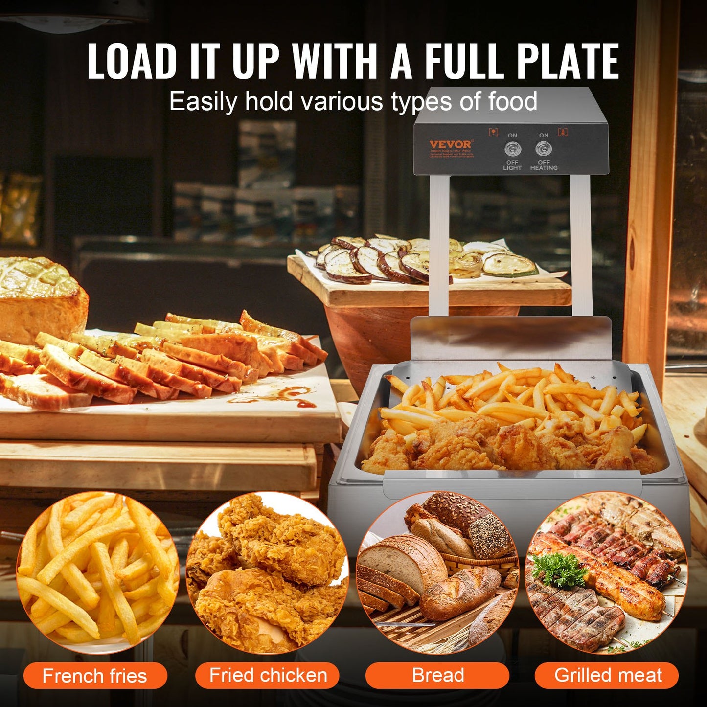 French Fry Food Warmer, 750W Commercial Food Heating Lamp, Electric Stainless Steel Warming Light Dump Station, Countertop 104-122°F Fries Food Warmer for Chip Buffet Kitchen Restaurant, Silver