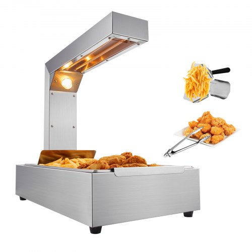 French Fry Food Warmer, 750W Commercial Food Heating Lamp, Electric Stainless Steel Warming Light Dump Station, Countertop 104-122°F Fries Food Warmer for Chip Buffet Kitchen Restaurant, Silver