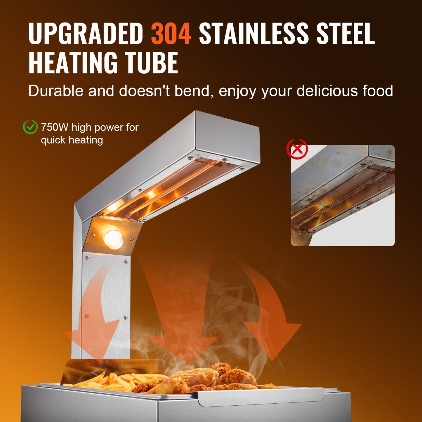 French Fry Food Warmer, 750W Commercial Food Heating Lamp, Electric Stainless Steel Warming Light Dump Station, Countertop 104-122°F Fries Food Warmer for Chip Buffet Kitchen Restaurant, Silver