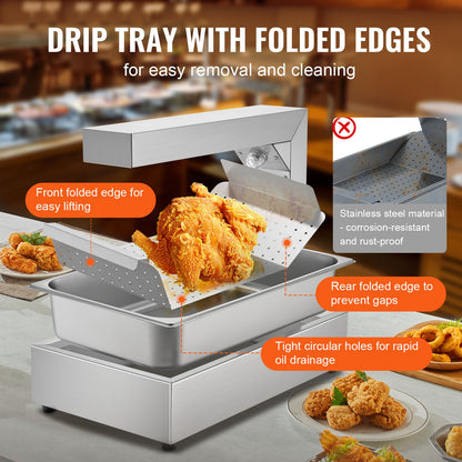 French Fry Food Warmer, 750W Commercial Food Heating Lamp, Electric Stainless Steel Warming Light Dump Station, Countertop 104-122°F Fries Food Warmer for Chip Buffet Kitchen Restaurant, Silver