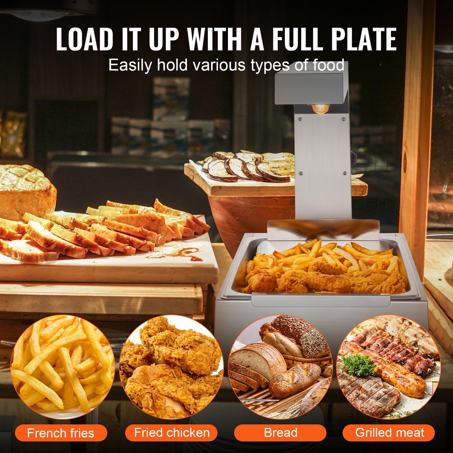 French Fry Food Warmer, 750W Commercial Food Heating Lamp, Electric Stainless Steel Warming Light Dump Station, Countertop 104-122°F Fries Food Warmer for Chip Buffet Kitchen Restaurant, Silver